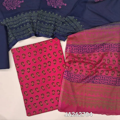 Printed bright peachish Pink pure soft cotton unstitched salwar material (lining optional)printed allover, dark blue cotton bottom, dual shade block printed fancy chiffon dupatta. JA262704