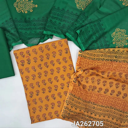 Printed mehandhi Yellow pure soft cotton unstitched salwar material (lining optional)printed allover, dark green cotton bottom, dual shade block printed fancy chiffon dupatta. JA262705