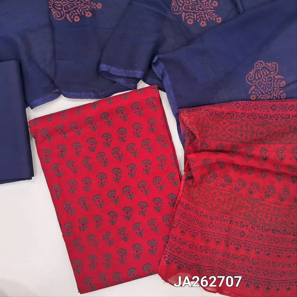 Printed Red pure soft cotton unstitched salwar material (lining optional)printed allover, dark blue cotton bottom, dual shade block printed fancy chiffon dupatta. JA262707