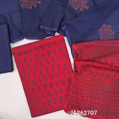 Printed Red pure soft cotton unstitched salwar material (lining optional)printed allover, dark blue cotton bottom, dual shade block printed fancy chiffon dupatta. JA262707