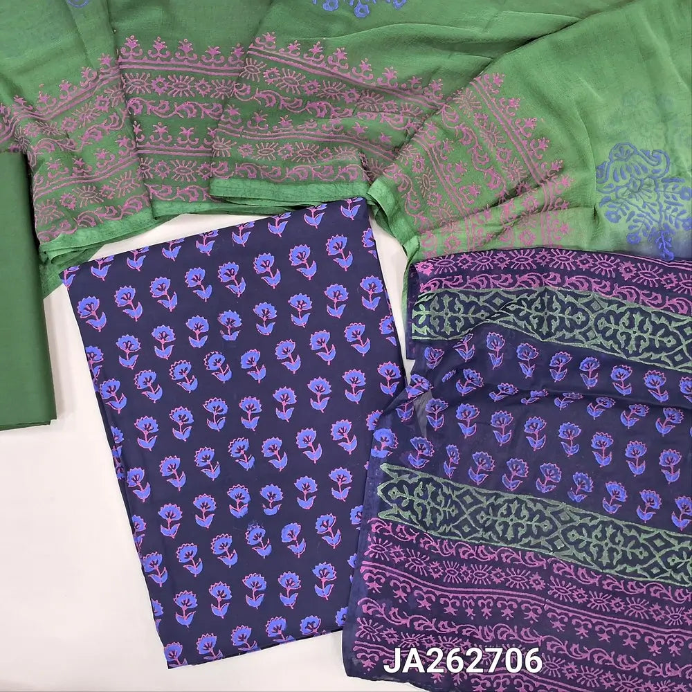 Printed dark Blue pure soft cotton unstitched salwar material (lining optional)printed allover, green cotton bottom, dual shade block printed fancy chiffon dupatta. JA262706