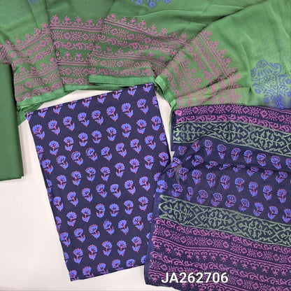 Printed dark Blue pure soft cotton unstitched salwar material (lining optional)printed allover, green cotton bottom, dual shade block printed fancy chiffon dupatta. JA262706