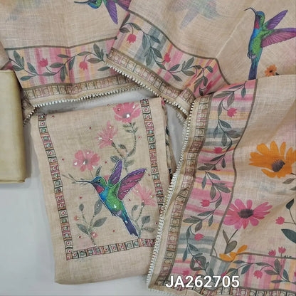 Designer digital printed rich Beige tissue linen unstitched salwar material (lining needed)zardozi, bead, sequins work on front, matching santoon bottom, digital printed tissue linen dupatta with lace tapings. JA262702