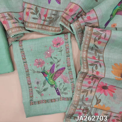 Designer digital printed pastel Blue tissue linen unstitched salwar material (lining needed)zardozi, bead, sequins work on front, matching santoon bottom, digital printed tissue linen dupatta with lace tapings. JA262703