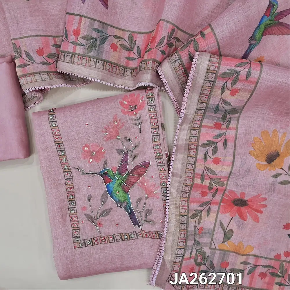 Designer digital printed pastel Pink tissue linen unstitched salwar material (lining needed)zardozi, bead, sequins work on front, matching santoon bottom, digital printed tissue linen dupatta with lace tapings.JA262701