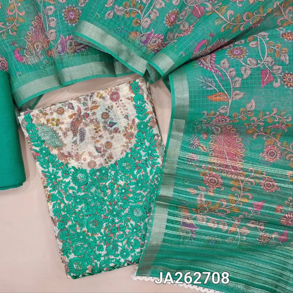 Printed half White kota silk cotton unstitched salwar material (lining needed) turquoise green embroidery work on yoke, peacock, floral printed allover, turquoise green silky bottom, printed kota silk cotton dupatta with lace tapings. JA262708