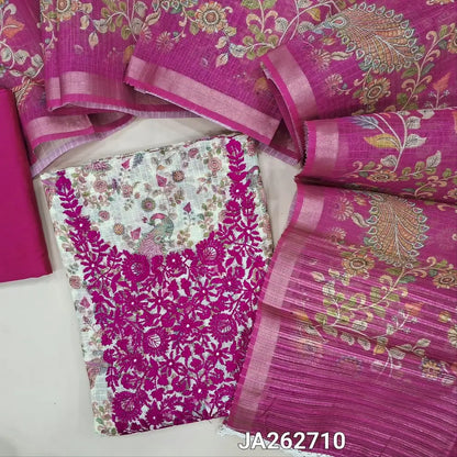 Printed half White kota silk cotton unstitched salwar material (lining needed) rani pink embroidery work on yoke, peacock, floral printed allover, rani pink silky bottom, printed kota silk cotton dupatta with lace tapings. JA262710