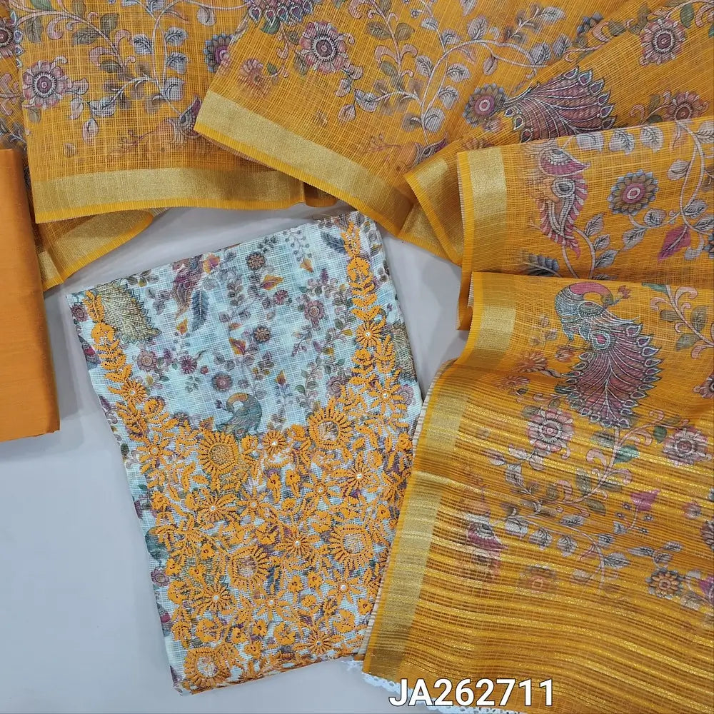 Printed half White kota silk cotton unstitched salwar material (lining needed) mehandhi yellow embroidery work on yoke,  peacock, floral printed allover, mehandhi yellow silky bottom, printed kota silk cotton dupatta with lace tapings. JA262711