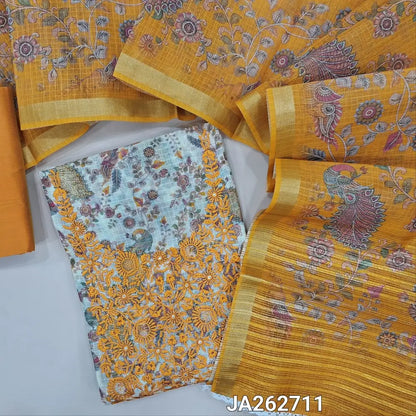 Printed half White kota silk cotton unstitched salwar material (lining needed) mehandhi yellow embroidery work on yoke,  peacock, floral printed allover, mehandhi yellow silky bottom, printed kota silk cotton dupatta with lace tapings. JA262711