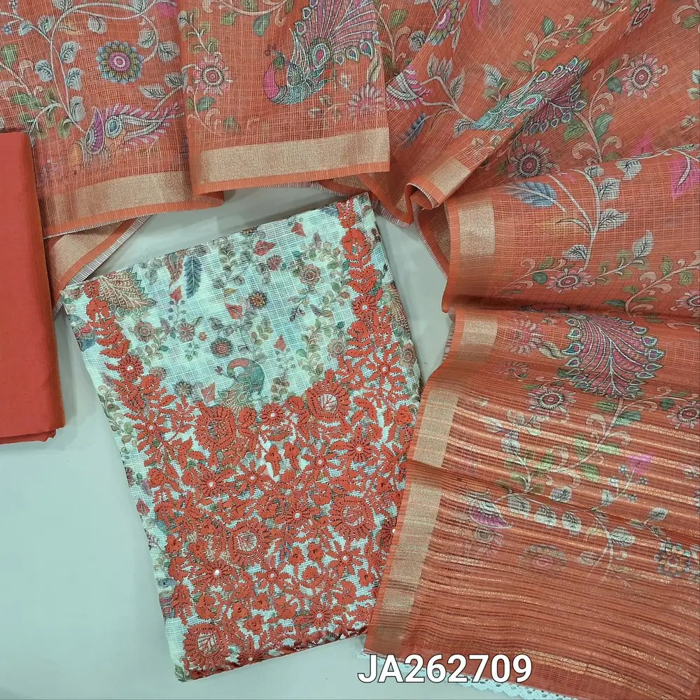 Printed half White kota silk cotton unstitched salwar material (lining needed) brick red embroidery work on yoke, peacock, floral printed allover, brick red silky bottom, printed kota silk cotton dupatta with lace tapings. JA262709
