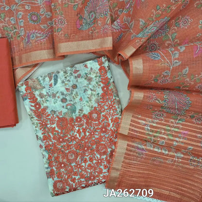 Printed half White kota silk cotton unstitched salwar material (lining needed) brick red embroidery work on yoke, peacock, floral printed allover, brick red silky bottom, printed kota silk cotton dupatta with lace tapings. JA262709