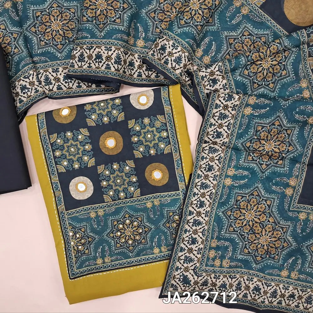 Mehandhi Green premium cotton unstitched salwar material (lining optional)real mirror, ajrak print on yoke, black cotton bottom, digital printed soft mul cotton short width dupatta. JA262712