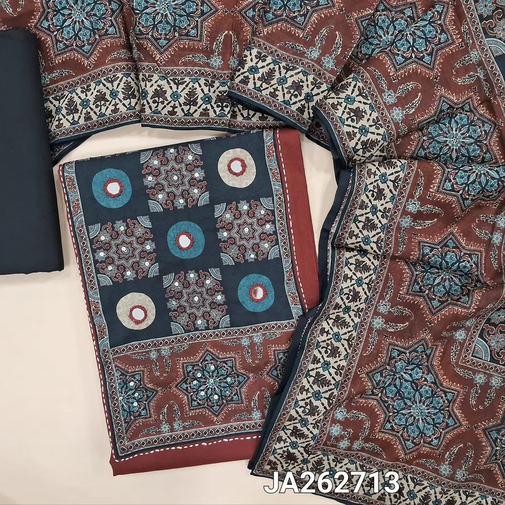 Dark Maroon premium cotton unstitched salwar material (lining optional)real mirror, ajrak print on yoke, black cotton bottom, digital printed soft mul cotton short width dupatta. JA262713