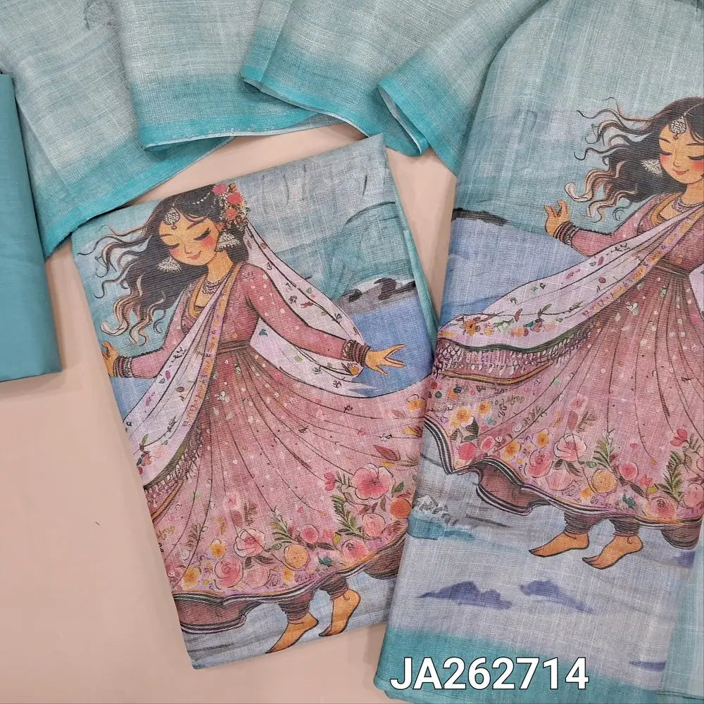 Digital printed pastel Blue & silver tint tissue silk cotton unstitched salwar material (lining needed) digital print on yoke & daman, matching silky bottom, digital printed tissue silk cotton dupatta. JA262714