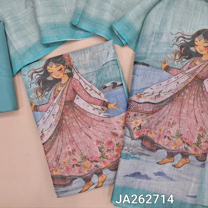 Digital printed pastel Blue & silver tint tissue silk cotton unstitched salwar material (lining needed) digital print on yoke & daman, matching silky bottom, digital printed tissue silk cotton dupatta. JA262714