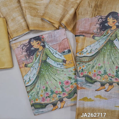 Digital printed rich Beige & silver tint tissue silk cotton unstitched salwar material (lining needed) digital print on yoke & daman, matching silky bottom, digital printed tissue silk cotton dupatta. JA262717