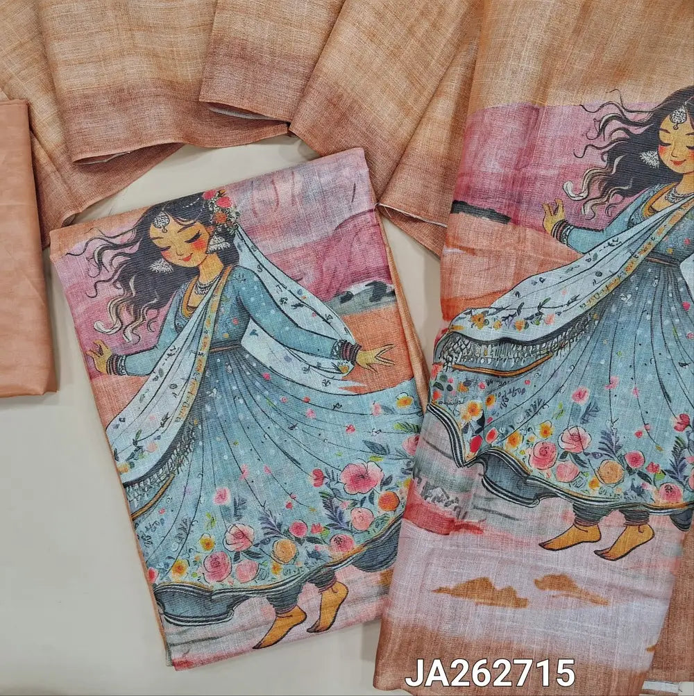 Digital printed pastel Peach & silver tint tissue silk cotton unstitched salwar material (lining needed) digital print on yoke & daman, matching silky bottom, digital printed tissue silk cotton dupatta. JA262715