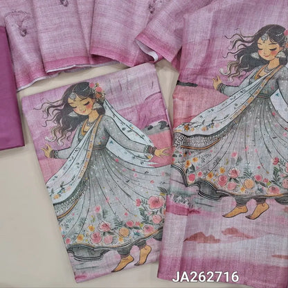 Digital printed pastel Pink & silver tint tissue silk cotton unstitched salwar material (lining needed) digital print on yoke & daman, matching silky bottom, digital printed tissue silk cotton dupatta. JA262716