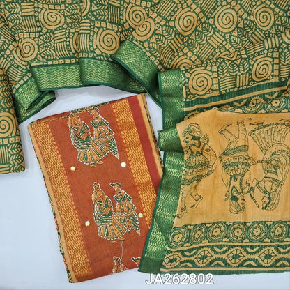 Block printed Green cotton unstitched salwar material(lining needed) digital print, kantha stitch, tissue wok on rust orange panel design, printed cotton bottom, printed cotton dupatta (TAPING NEEDED). JA262802