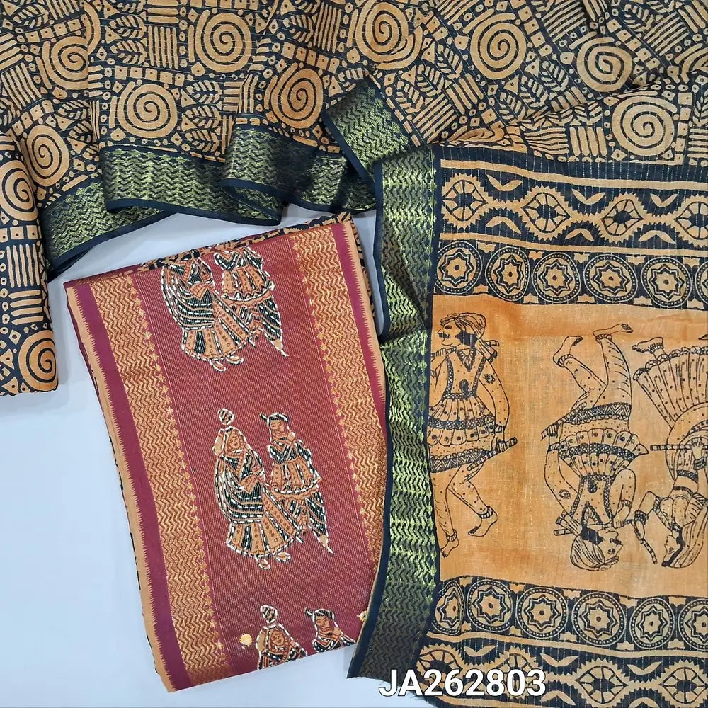 Block printed Black cotton unstitched salwar material(lining needed) digital print, kantha stitch, tissue wok on purple panel design, printed cotton bottom, printed cotton dupatta (TAPING NEEDED). JA262803