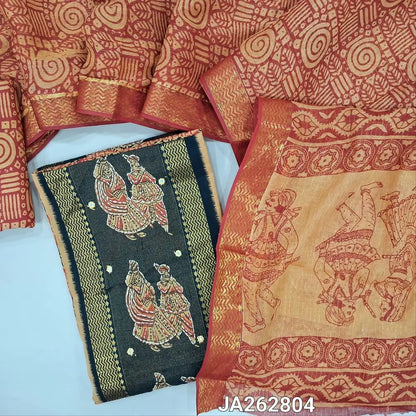 Block printed rust Orange cotton unstitched salwar material(lining needed) digital print, kantha stitch, tissue wok on black panel design, printed cotton bottom, printed cotton dupatta (TAPING NEEDED). JA262804