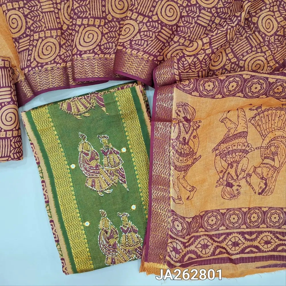 Block printed Maroon cotton unstitched salwar material(lining needed) digital print, kantha stitch, tissue wok on green panel design, printed cotton bottom, printed cotton dupatta (TAPING NEEDED). JA262801