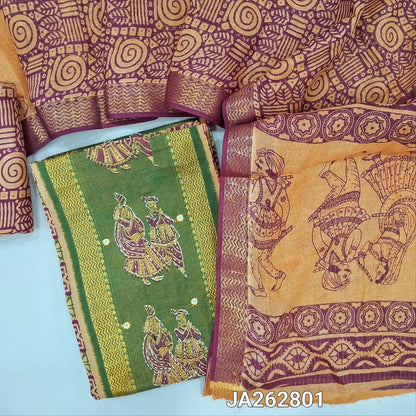 Block printed Maroon cotton unstitched salwar material(lining needed) digital print, kantha stitch, tissue wok on green panel design, printed cotton bottom, printed cotton dupatta (TAPING NEEDED). JA262801