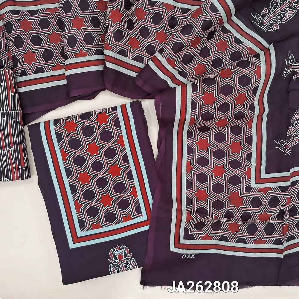 Printed deep wine purple rayon fabric unstitched salwar material(lining needed) printed allover, printed rayon bottom, printed rayon dupatta. (TAPING NEEDED). JA262808