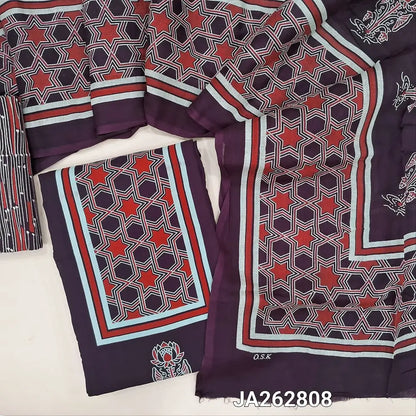 Printed deep wine purple rayon fabric unstitched salwar material(lining needed) printed allover, printed rayon bottom, printed rayon dupatta. (TAPING NEEDED). JA262808