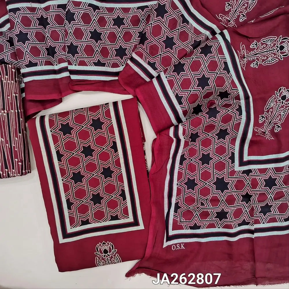 Printed Reddish Maroon rayon fabric unstitched salwar material(lining needed) printed allover, printed rayon bottom, printed rayon dupatta. (TAPING NEEDED). JA262807