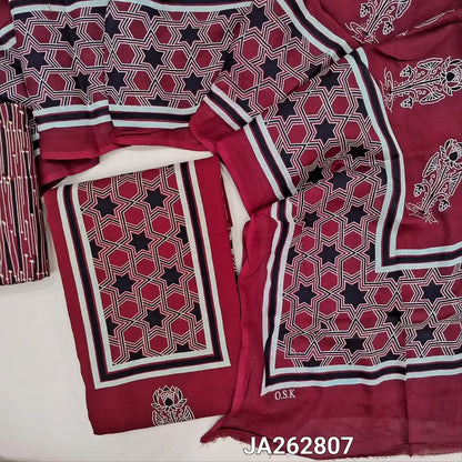 Printed Reddish Maroon rayon fabric unstitched salwar material(lining needed) printed allover, printed rayon bottom, printed rayon dupatta. (TAPING NEEDED). JA262807