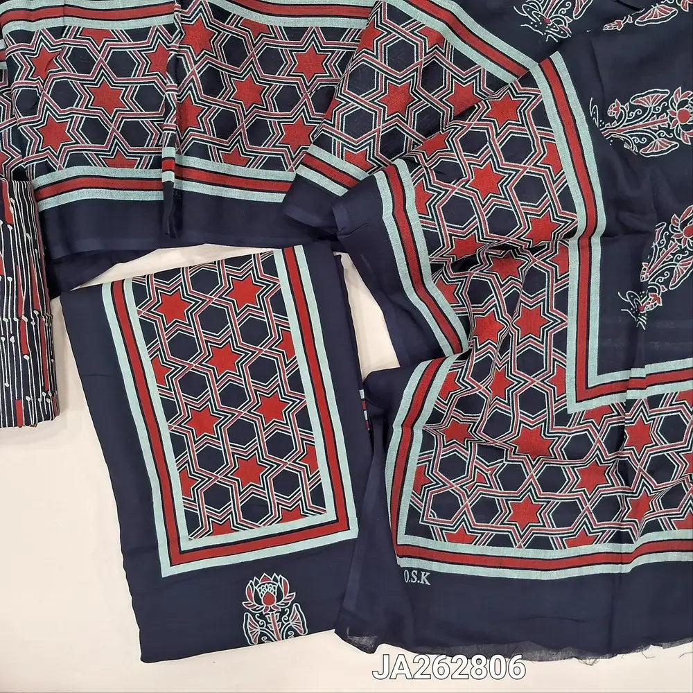 Printed dark Blue rayon fabric unstitched salwar material(lining needed) printed allover, printed rayon bottom, printed rayon dupatta. (TAPING NEEDED). JA262806