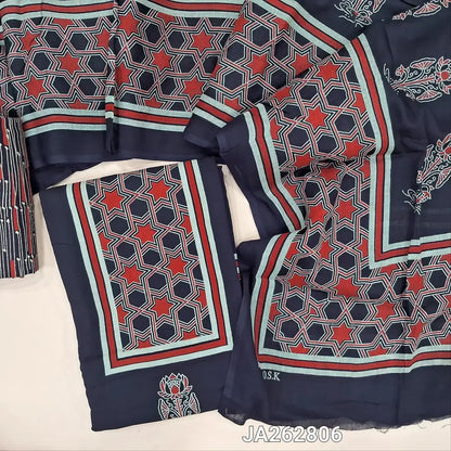 Printed dark Blue rayon fabric unstitched salwar material(lining needed) printed allover, printed rayon bottom, printed rayon dupatta. (TAPING NEEDED). JA262806