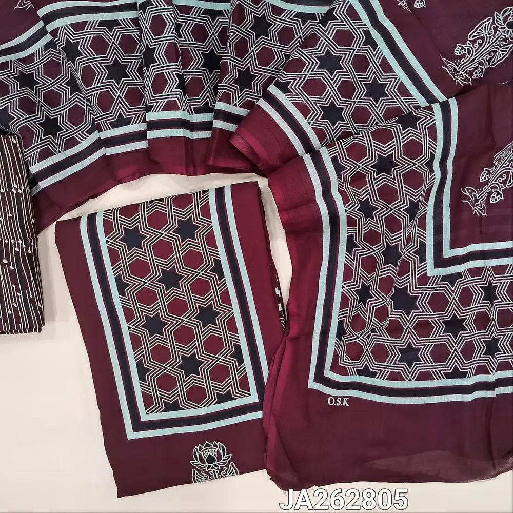 Printed dark Maroon rayon fabric unstitched salwar material(lining needed) printed allover, printed rayon bottom, printed rayon dupatta. (TAPING NEEDED). JA262805