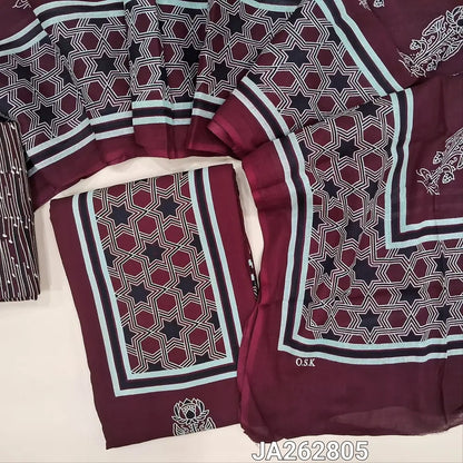 Printed dark Maroon rayon fabric unstitched salwar material(lining needed) printed allover, printed rayon bottom, printed rayon dupatta. (TAPING NEEDED). JA262805