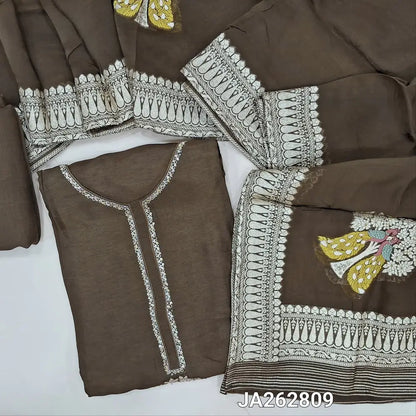 Designer Brown & olive Green pure dola silk unstitched salwar material(lining needed) zardozi, sequins work woven peacock design on yoke, matching santoon bottom, colorful zari woven pure organza dupatta with zari borders. JA262809