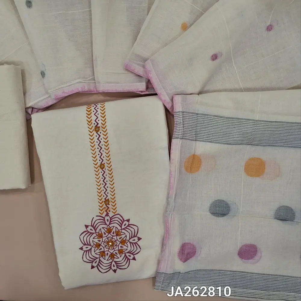 Premium half White pure cotton unstitched salwar material(lining needed)block print on yoke, jamdani woven design on daman, matching cotton bottom, jamdani woven pure cotton dupatta. JA262810