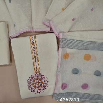 Premium half White pure cotton unstitched salwar material(lining needed)block print on yoke, jamdani woven design on daman, matching cotton bottom, jamdani woven pure cotton dupatta. JA262810