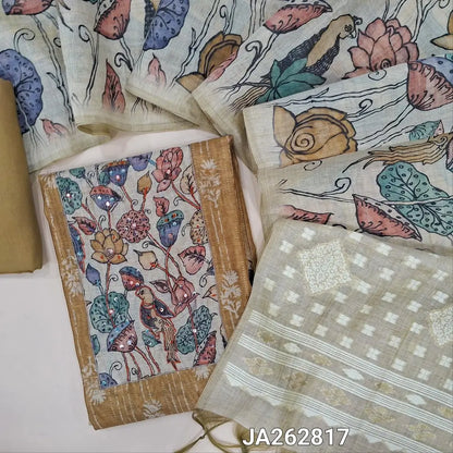 Designer digital printed dark Beige premium silk cotton unstitched salwar material (lining needed) digital floral print, thread, sequins work on yoke, matching santoon bottom, digital printed silk cotton dupatta with jamdani pallu & tassels. JA262817