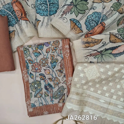 Designer digital printed chocolate Brown premium silk cotton unstitched salwar material (lining needed) digital floral print, thread, sequins work on yoke, matching santoon bottom, digital printed silk cotton dupatta with jamdani pallu & tassels. JA262816