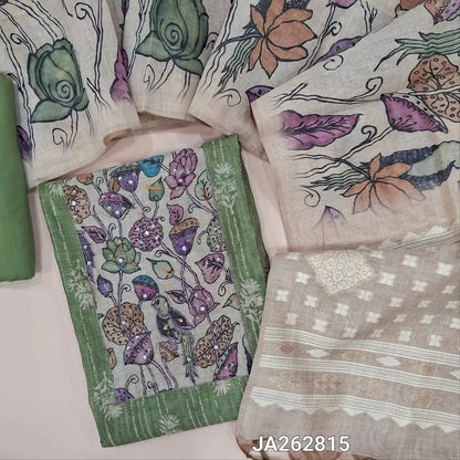 Designer digital printed pastel Green premium silk cotton unstitched salwar material (lining needed) digital floral print, thread, sequins work on yoke, matching santoon bottom, digital printed silk cotton dupatta with jamdani pallu & tassels. JA262815