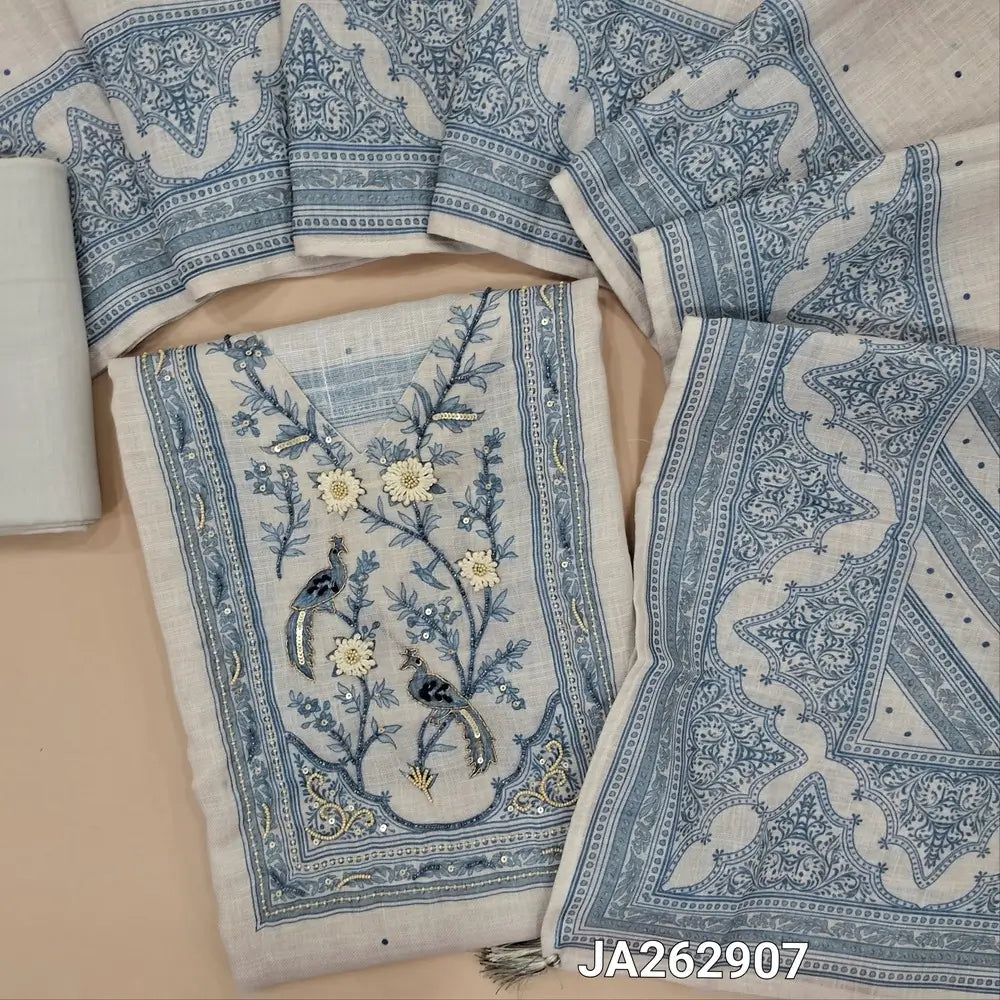Designer Printed pale Grey premium pure linen unstitched salwar material (lining needed) hand embroidery, sequins work on yok, drum dyed cotton lining provided, NO BOTTOM, digital printed pure linen dupatta. JA262907