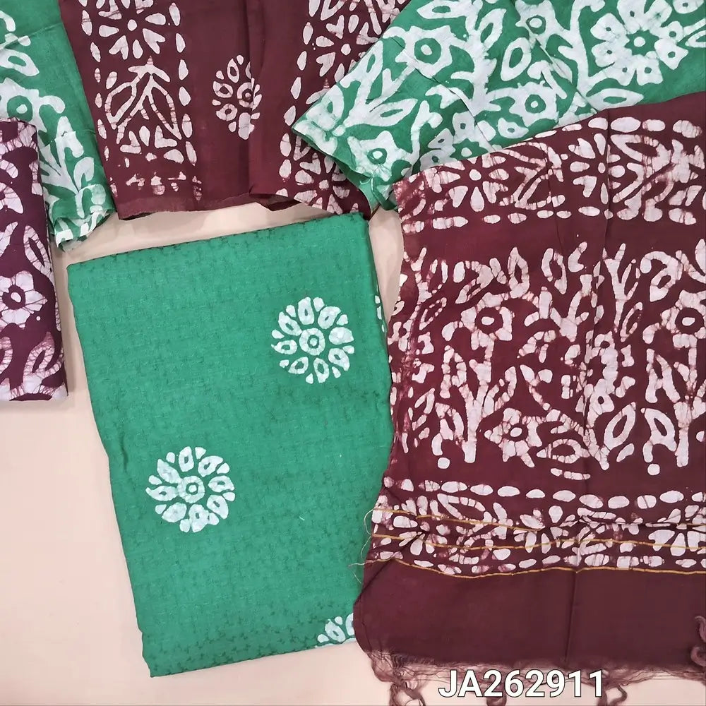 Sage Green jakard cotton unstitched salwar material (lining needed) wax batik design on front, batik dyed dark maroon cotton bottom,  dual shade batik dyed silk cotton dupatta(TAPING NEEDED). JA262911