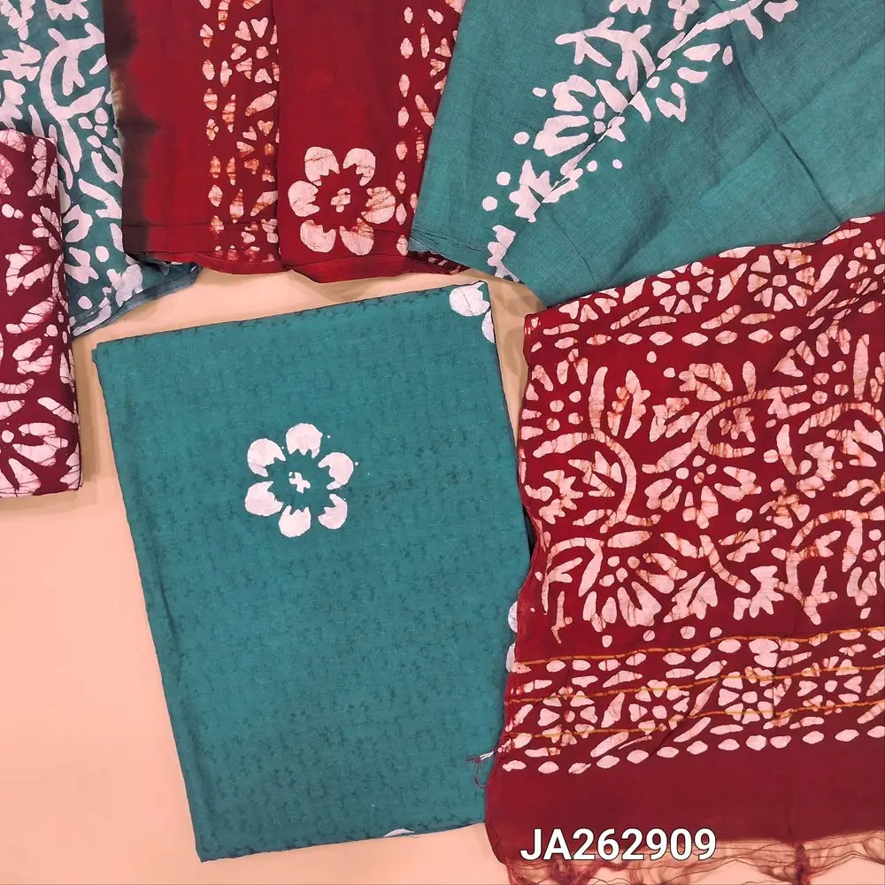 Light Blue jakard cotton unstitched salwar material (lining needed) wax batik design on front, batik dyed reddish maroon cotton bottom,  dual shade batik dyed silk cotton dupatta(TAPING NEEDED). JA262909