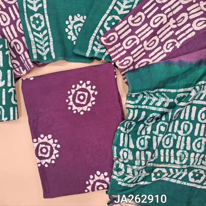Purple jakard cotton unstitched salwar material (lining needed) wax batik design on front, batik dyed teal green cotton bottom,  dual shade batik dyed silk cotton dupatta(TAPING NEEDED). JA262910