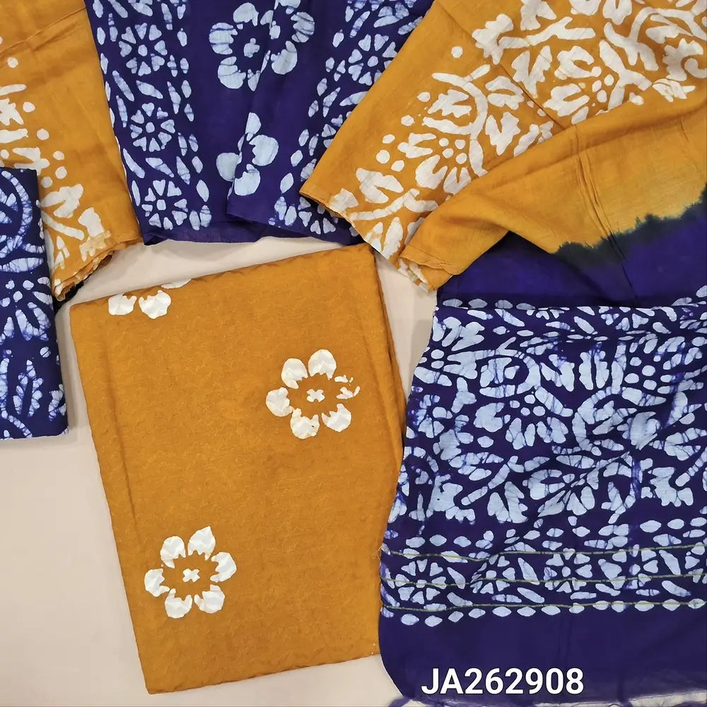 Mehandhi Yellow jakard cotton unstitched salwar material (lining needed) wax batik design on front, batik dyed blue cotton bottom, dual shade batik dyed silk cotton dupatta(TAPING NEEDED). JA262908