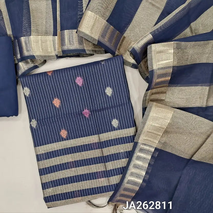 Dark Blue soft Benarasi silk cotton unstitched salwar material(lining needed) colorful buttas, zari lines allover, tissue line daman, matching silk cotton bottom, tissue silk cotton dupatta with tassels. JA262811