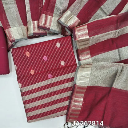 Reddish Maroon soft Benarasi silk cotton unstitched salwar material(lining needed) colorful buttas, zari lines allover, tissue line daman, matching silk cotton bottom, tissue silk cotton dupatta with tassels. JA262814