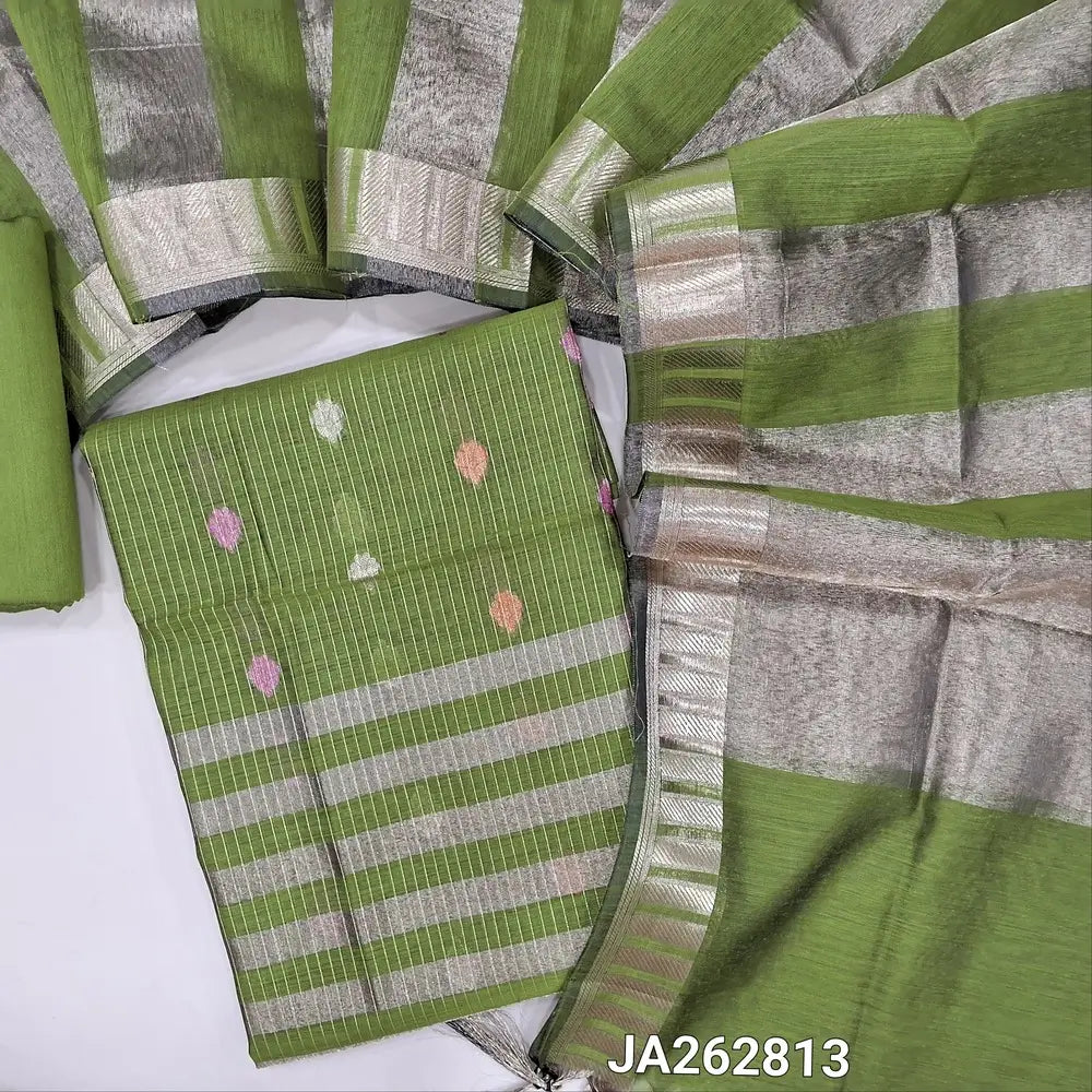 Leafy Green soft Benarasi silk cotton unstitched salwar material(lining needed) colorful buttas, zari lines allover, tissue line daman, matching silk cotton bottom, tissue silk cotton dupatta with tassels. JA262813