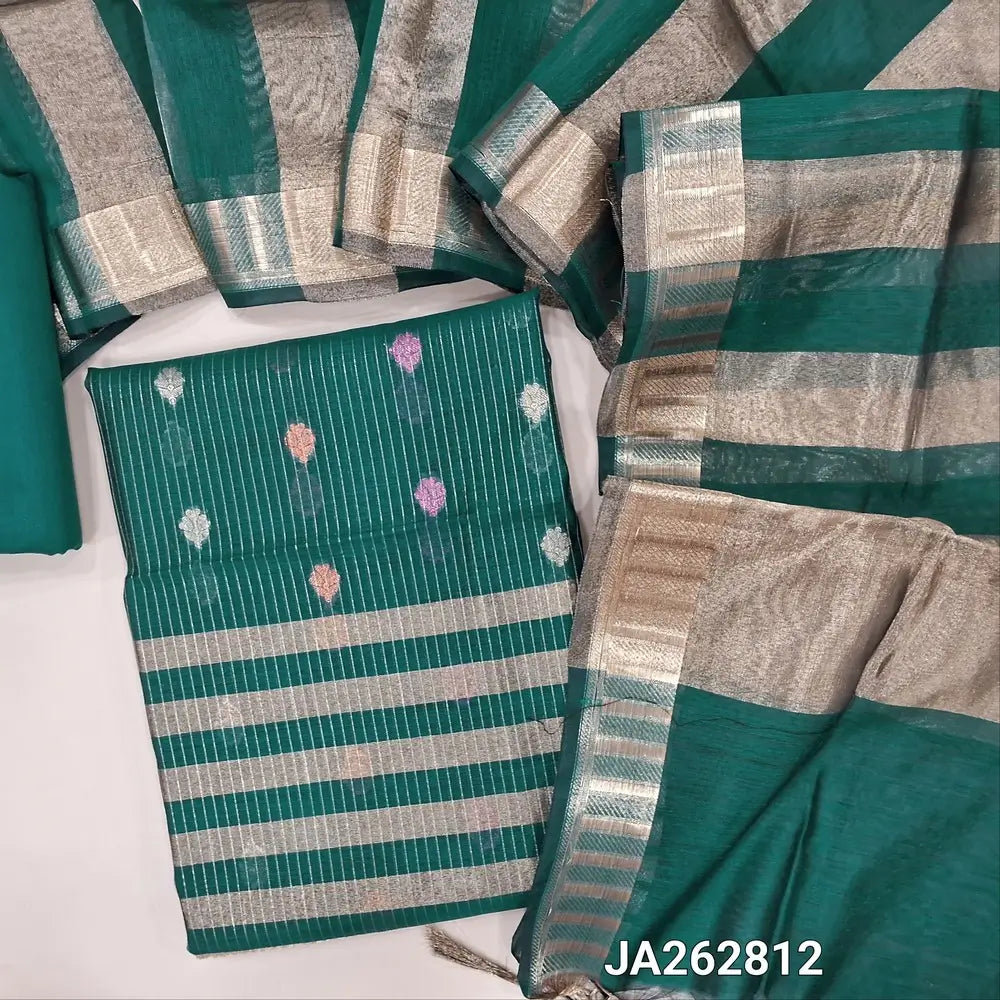 Teal Green soft Benarasi silk cotton unstitched salwar material(lining needed) colorful buttas, zari lines allover, tissue line daman, matching silk cotton bottom, tissue silk cotton dupatta with tassels. JA262812